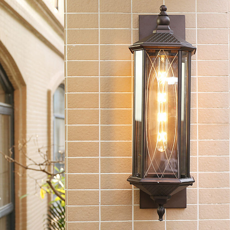 Farmhouse Coffee/Bronze Sconce Light With Clear Textured Glass - Rectangular Wall Lamp Coffee