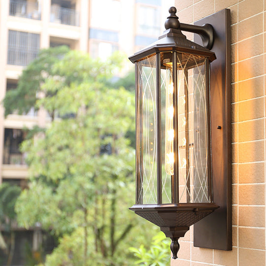 Farmhouse Coffee/Bronze Sconce Light With Clear Textured Glass - Rectangular Wall Lamp