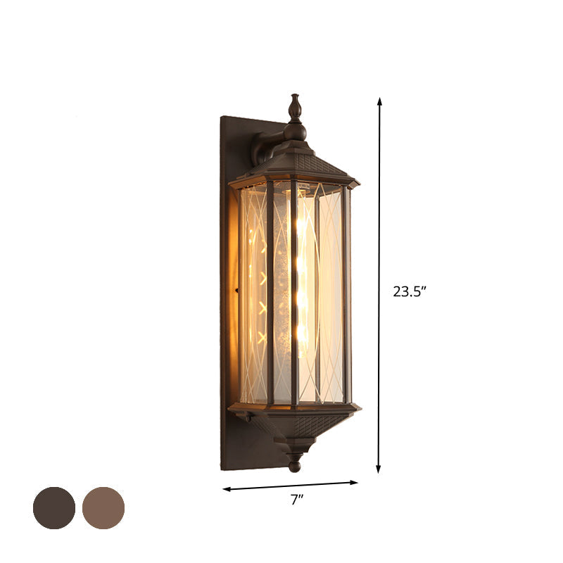 Farmhouse Coffee/Bronze Sconce Light With Clear Textured Glass - Rectangular Wall Lamp