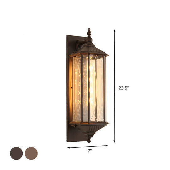 Farmhouse Coffee/Bronze Sconce Light With Clear Textured Glass - Rectangular Wall Lamp