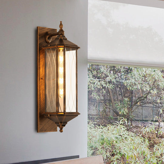 Farmhouse Coffee/Bronze Sconce Light With Clear Textured Glass - Rectangular Wall Lamp