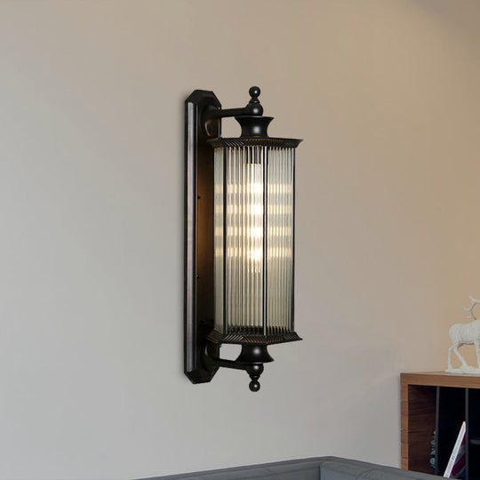 Black Hexagon Outdoor Wall Sconce With Clear Ribbed Glass - 1 Light Mount Fixture