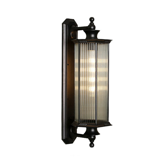 Black Hexagon Outdoor Wall Sconce With Clear Ribbed Glass - 1 Light Mount Fixture