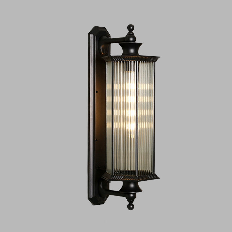 Black Hexagon Outdoor Wall Sconce With Clear Ribbed Glass - 1 Light Mount Fixture