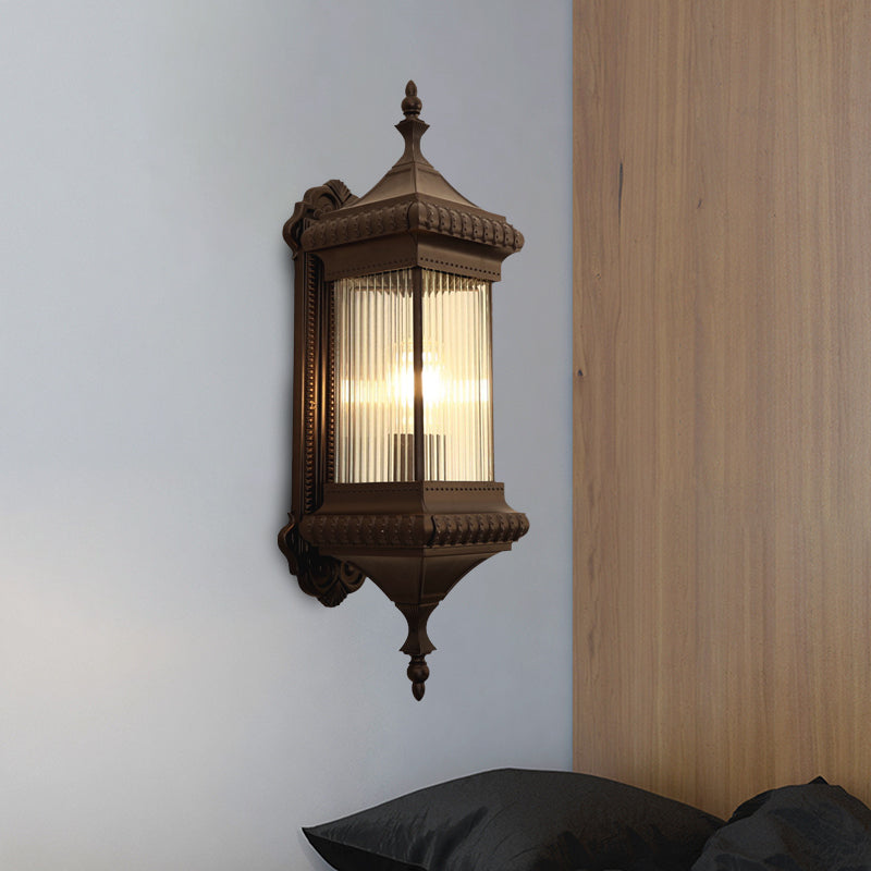 Outdoor Wall Light Sconce - Country Cuboid Mount With Clear Ribbed Glass & Coffee Finish