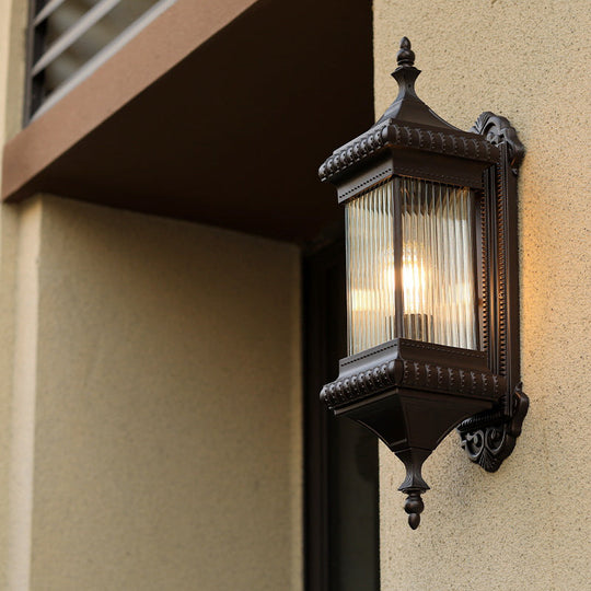 Outdoor Wall Light Sconce - Country Cuboid Mount With Clear Ribbed Glass & Coffee Finish