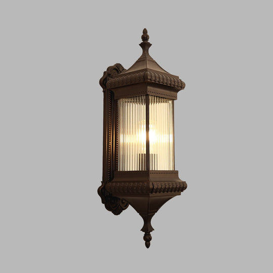 Outdoor Wall Light Sconce - Country Cuboid Mount With Clear Ribbed Glass & Coffee Finish