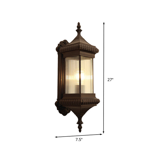 Outdoor Wall Light Sconce - Country Cuboid Mount With Clear Ribbed Glass & Coffee Finish