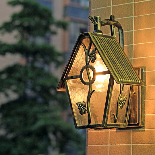 Farmhouse Bronze Wall Sconce Light: 1 Head House Shape With Clear/Frosted/Ribbed Glass