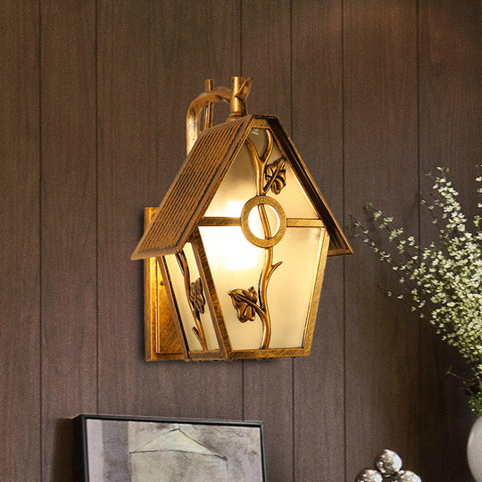 Farmhouse Bronze Wall Sconce Light: 1 Head House Shape With Clear/Frosted/Ribbed Glass