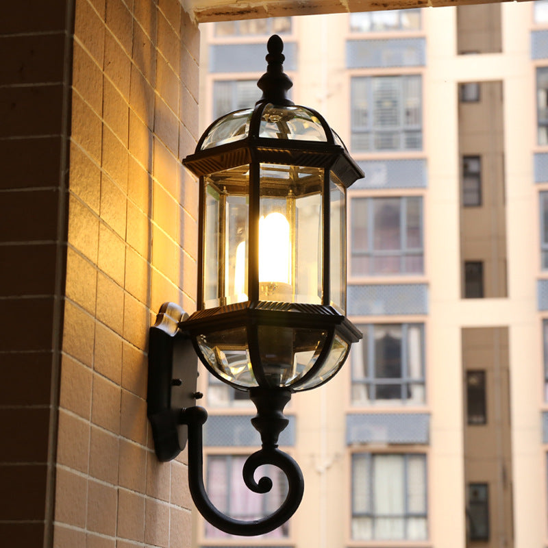 Glass Birdcage Wall Sconce: 1-Bulb Outdoor Light In Black/Brass