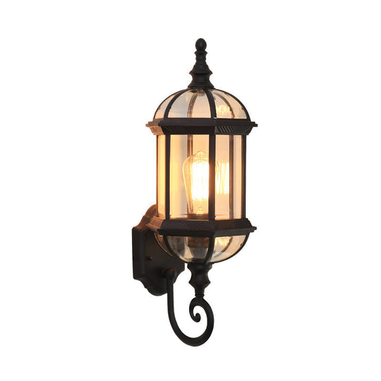 Glass Birdcage Wall Sconce: 1-Bulb Outdoor Light In Black/Brass