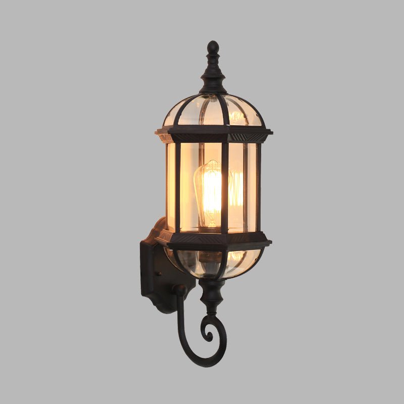 Glass Birdcage Wall Sconce: 1-Bulb Outdoor Light In Black/Brass