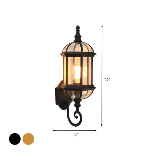 Glass Birdcage Wall Sconce: 1-Bulb Outdoor Light In Black/Brass