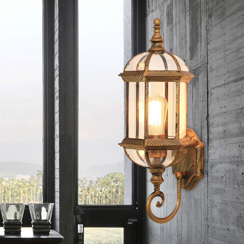 Glass Birdcage Wall Sconce: 1-Bulb Outdoor Light In Black/Brass Brass