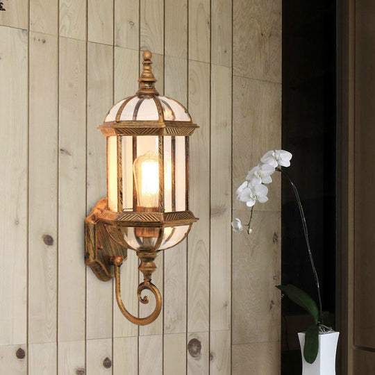 Glass Birdcage Wall Sconce: 1-Bulb Outdoor Light In Black/Brass