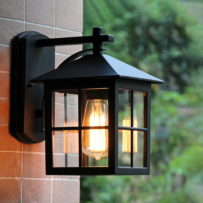 Outdoor Black Wall Sconce Light With Clear Glass Cuboid Fixture - 1 Head