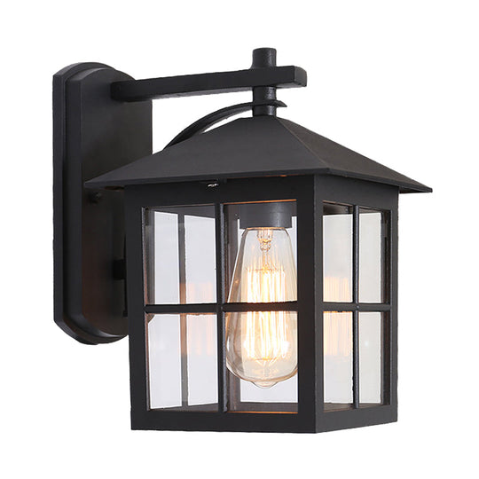 Outdoor Black Wall Sconce Light With Clear Glass Cuboid Fixture - 1 Head