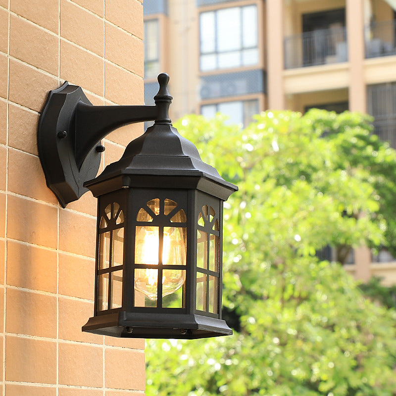 1-Head Castle Sconce Lighting In Country White/Black/Brass Aluminum With Clear Glass Shade - Wall