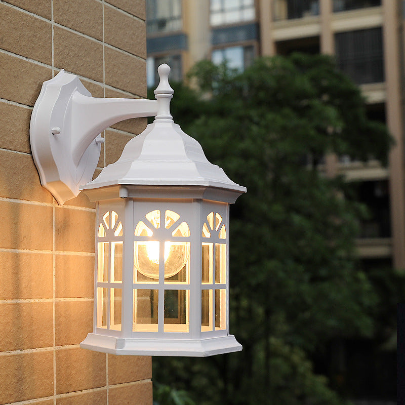 1-Head Castle Sconce Lighting In Country White/Black/Brass Aluminum With Clear Glass Shade - Wall