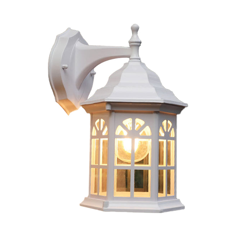 1-Head Castle Sconce Lighting In Country White/Black/Brass Aluminum With Clear Glass Shade - Wall