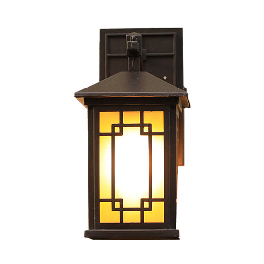 Metallic Outdoor Wall Sconce With Yellow Glass Shade: Cuboid Country-Style 1-Bulb Lamp In Black