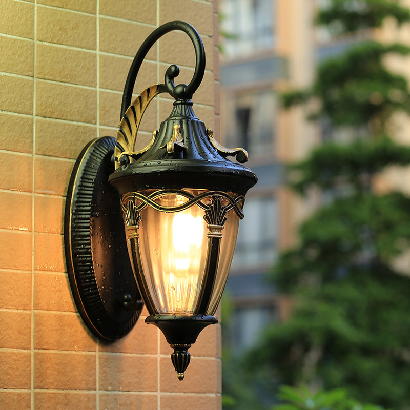 Farmhouse Brass/Black Pinecone Wall Sconce - Clear Ribbed Glass Outdoor Lighting 1 Bulb