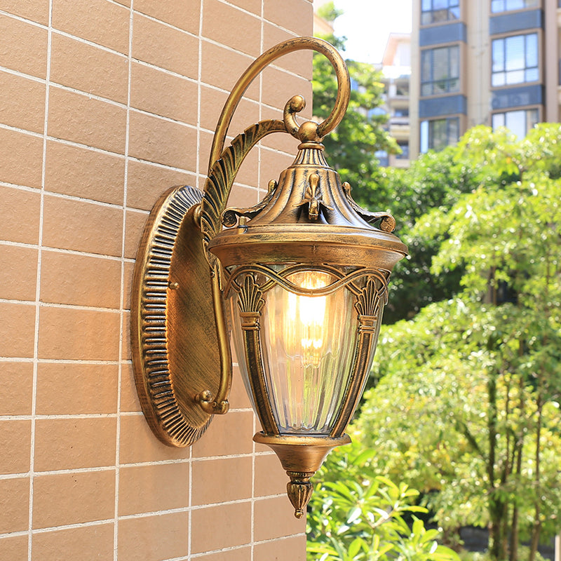 Farmhouse Brass/Black Pinecone Wall Sconce - Clear Ribbed Glass Outdoor Lighting 1 Bulb Brass