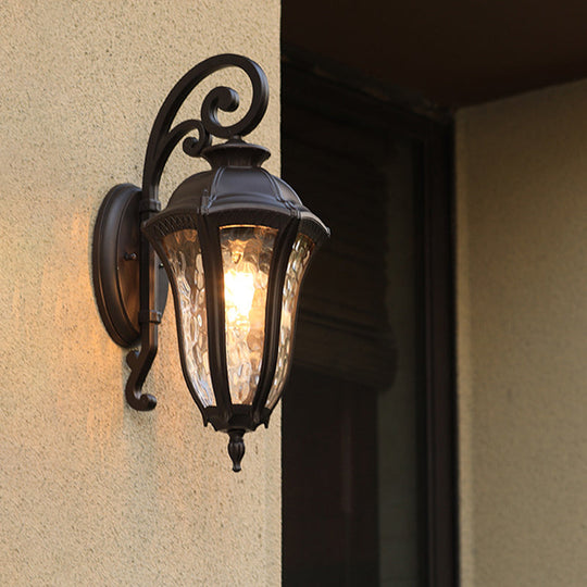 Rustic Black Outdoor Wall Lamp Fixture With Water Glass And 1-Light Corner Mount