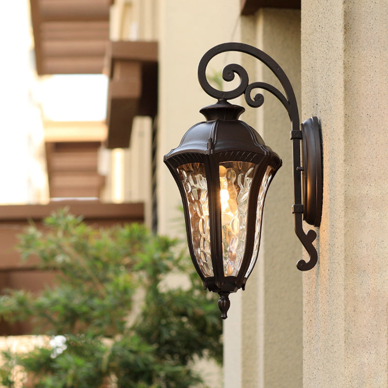 Rustic Black Outdoor Wall Lamp Fixture With Water Glass And 1-Light Corner Mount