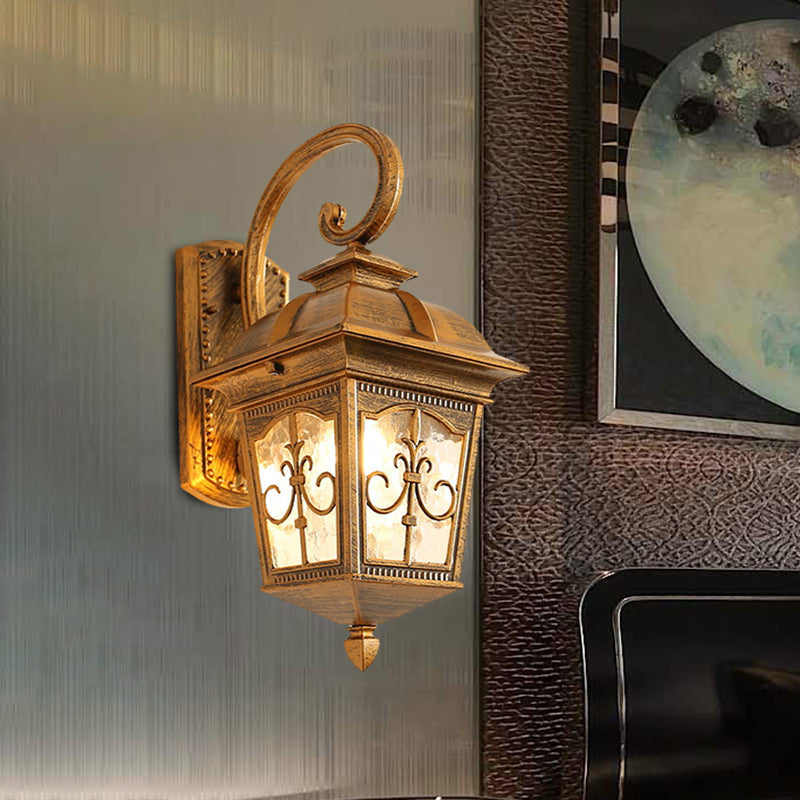 Modern Wall Sconce: Aluminum Lodges Lantern Lamp In Black/Brass With Water Glass Shade