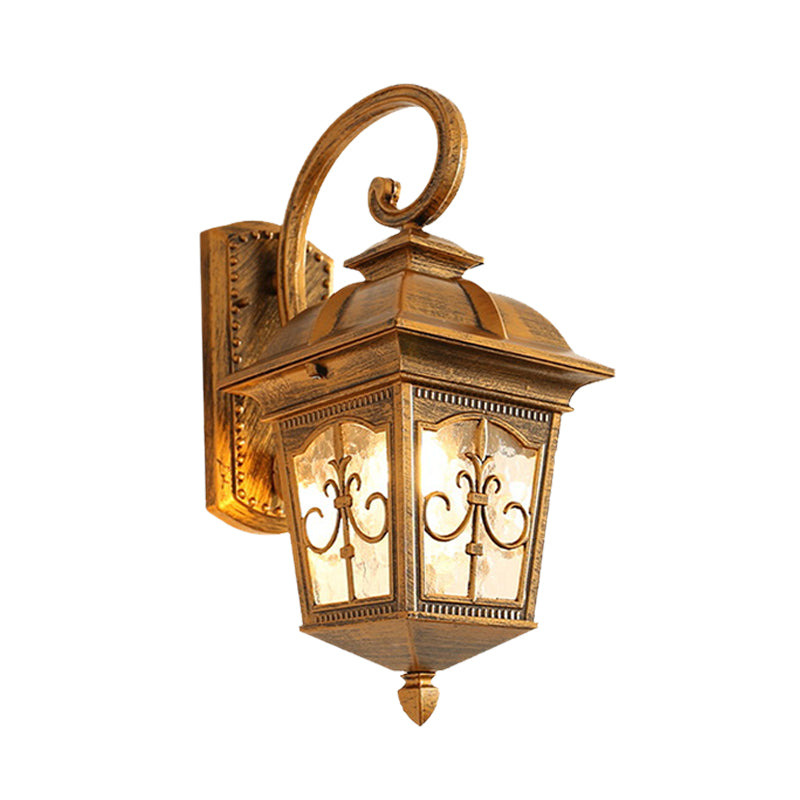 Modern Wall Sconce: Aluminum Lodges Lantern Lamp In Black/Brass With Water Glass Shade