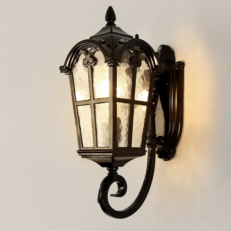 Farmhouse Lantern Sconce Lamp With Water Glass Shade: Black/Brass Wall Light Fixture