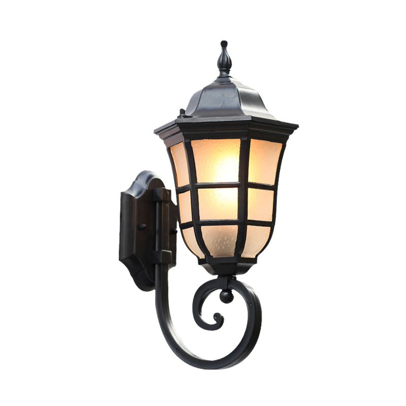 Metal Meteor Wall Sconce Outdoor Mount Lamp - 1 Light Black Finish Frosted Glass Shade