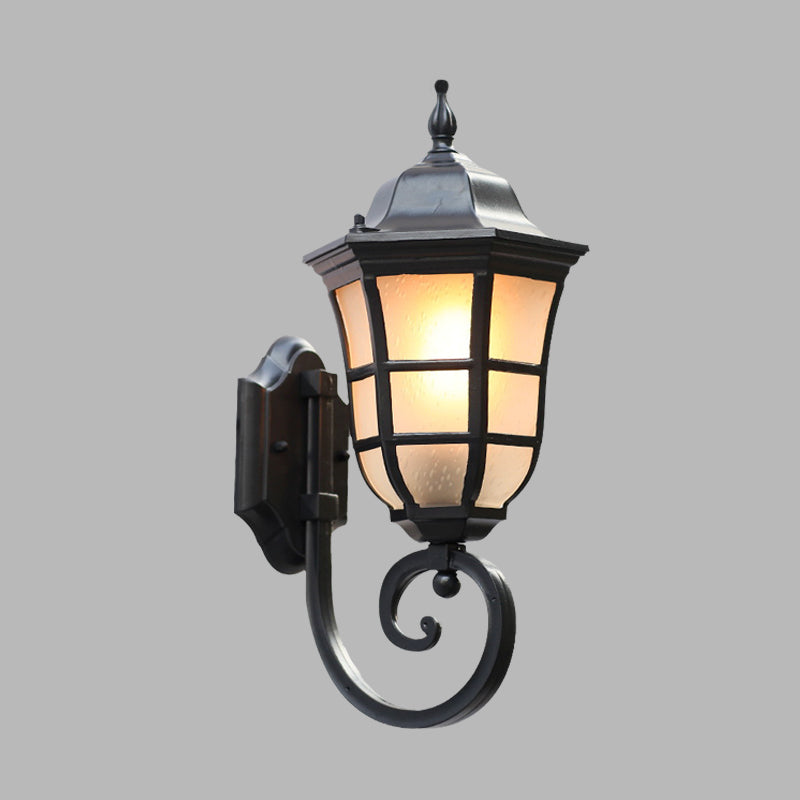 Metal Meteor Wall Sconce Outdoor Mount Lamp - 1 Light Black Finish Frosted Glass Shade