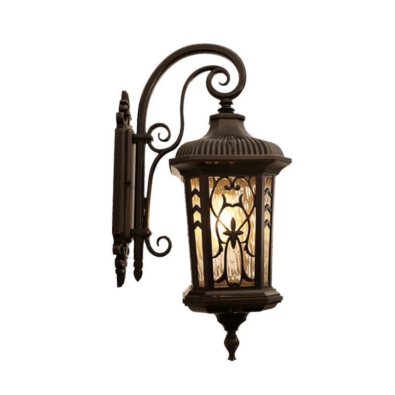 Country Lantern 1-Head Wall Sconce In Black With Water Glass Shade Metallic Mounted Lamp