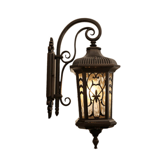 Country Lantern 1-Head Wall Sconce In Black With Water Glass Shade Metallic Mounted Lamp