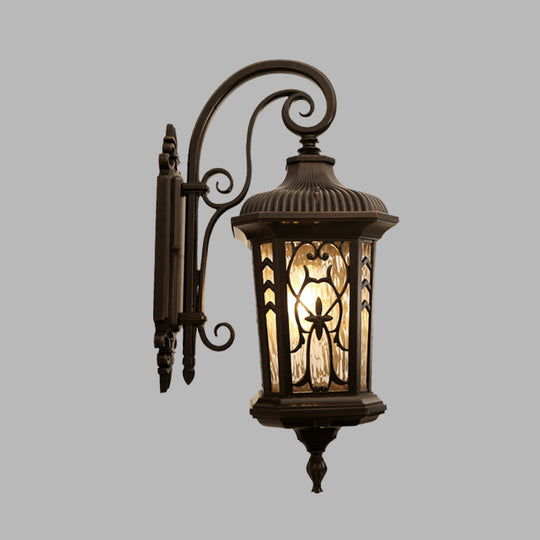 Country Lantern 1-Head Wall Sconce In Black With Water Glass Shade Metallic Mounted Lamp