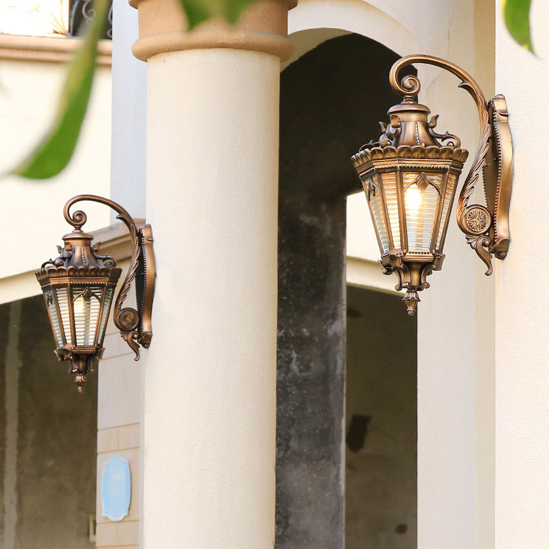 Brass Conical Sconce Light With Clear Ribbed Glass - Wall Mounted Garden Lamp