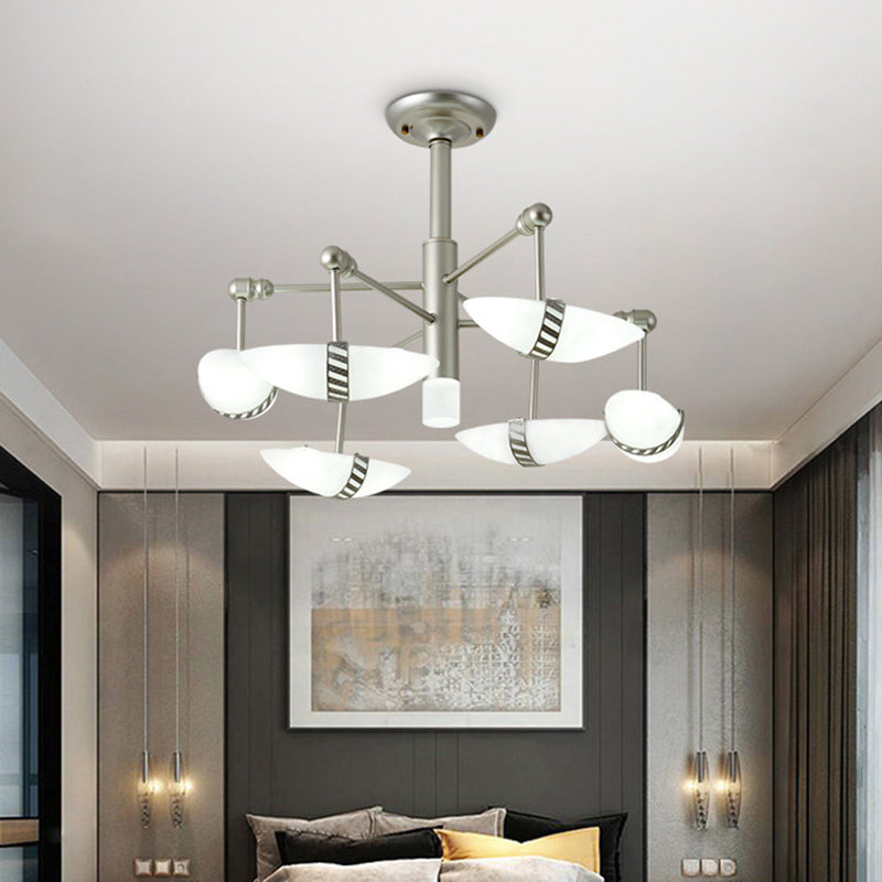 Modern Starburst 6-Light Nickel Bedroom Chandelier With Opal Glass Shade