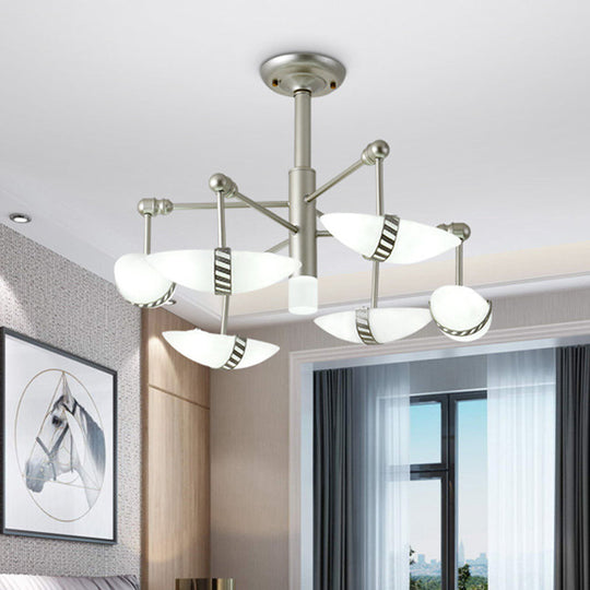 Modern Starburst 6-Light Nickel Bedroom Chandelier With Opal Glass Shade