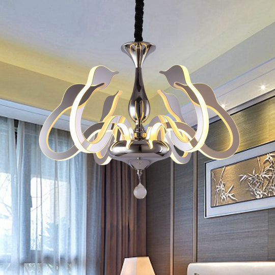 Modern Swan Head Acrylic Chandelier With Crystal Drop - 6 Bulbs Chrome Finish White/Warm/Natural