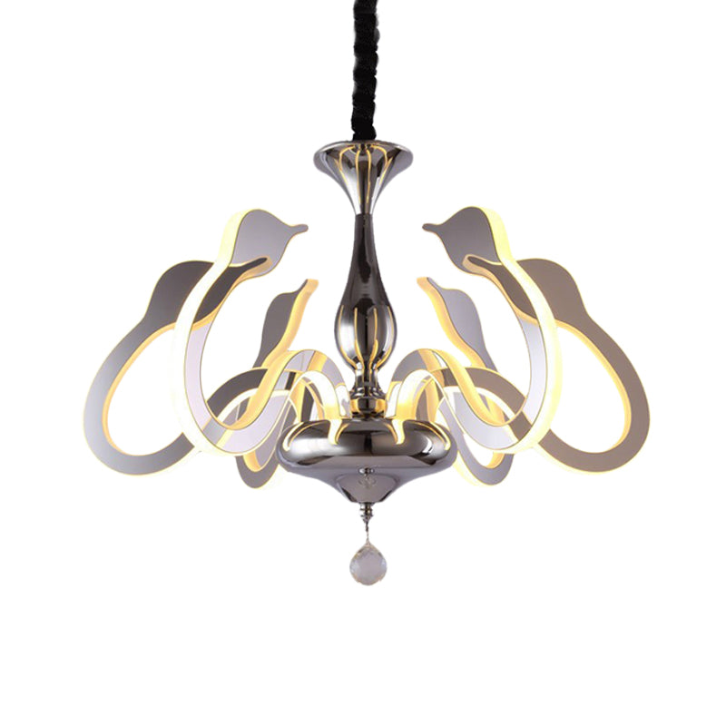 Modern Swan Head Acrylic Chandelier With Crystal Drop - 6 Bulbs Chrome Finish White/Warm/Natural