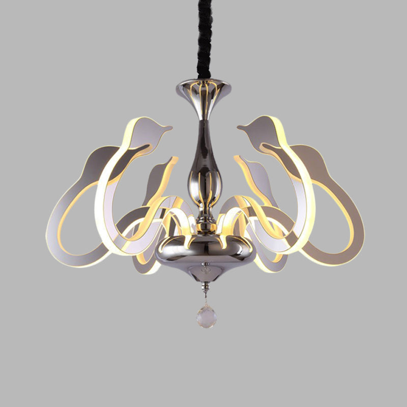 Modern Swan Head Acrylic Chandelier With Crystal Drop - 6 Bulbs Chrome Finish White/Warm/Natural