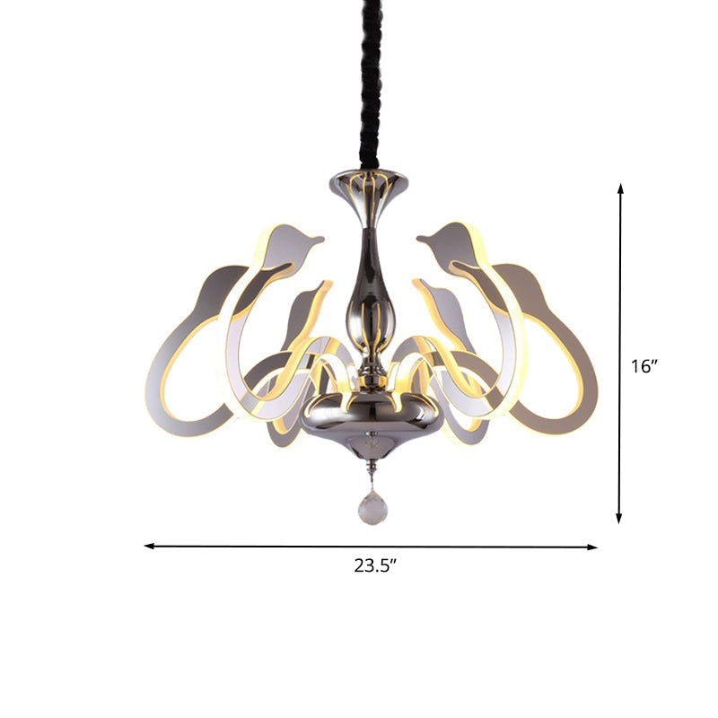 Modern Swan Head Acrylic Chandelier With Crystal Drop - 6 Bulbs Chrome Finish White/Warm/Natural