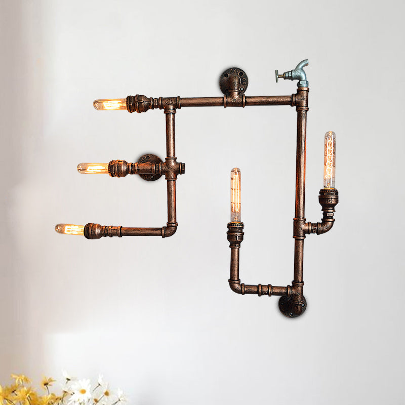 Wrought Iron Vintage Wall Sconce With Aged Brass Finish & 5 Bare Bulb Lights - Piped Design Mount