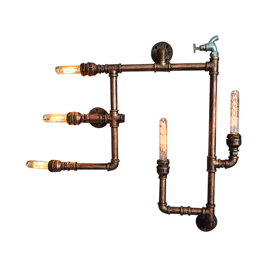 Wrought Iron Vintage Wall Sconce With Aged Brass Finish & 5 Bare Bulb Lights - Piped Design Mount