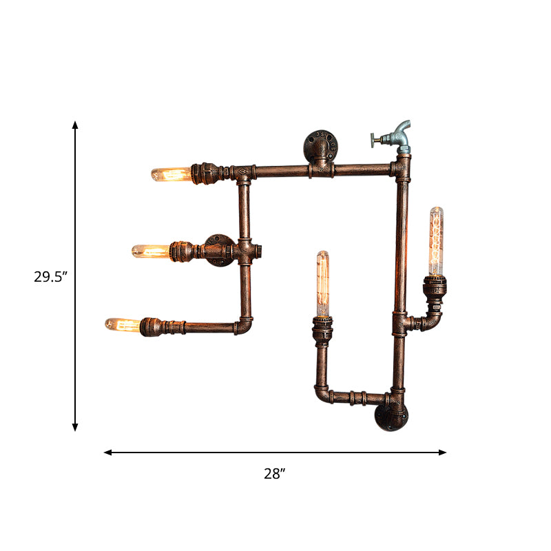 Wrought Iron Vintage Wall Sconce With Aged Brass Finish & 5 Bare Bulb Lights - Piped Design Mount