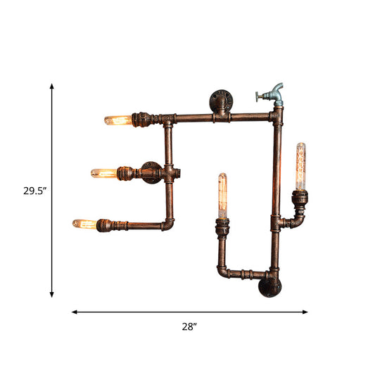 Wrought Iron Vintage Wall Sconce With Aged Brass Finish & 5 Bare Bulb Lights - Piped Design Mount