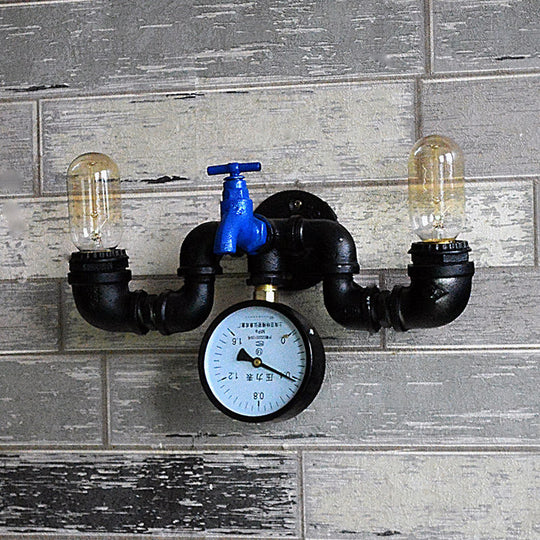 Vintage Pipe Wall Lamp With Pressure Gauge And Faucet Accent - 2 Light Metal Sconce In Black